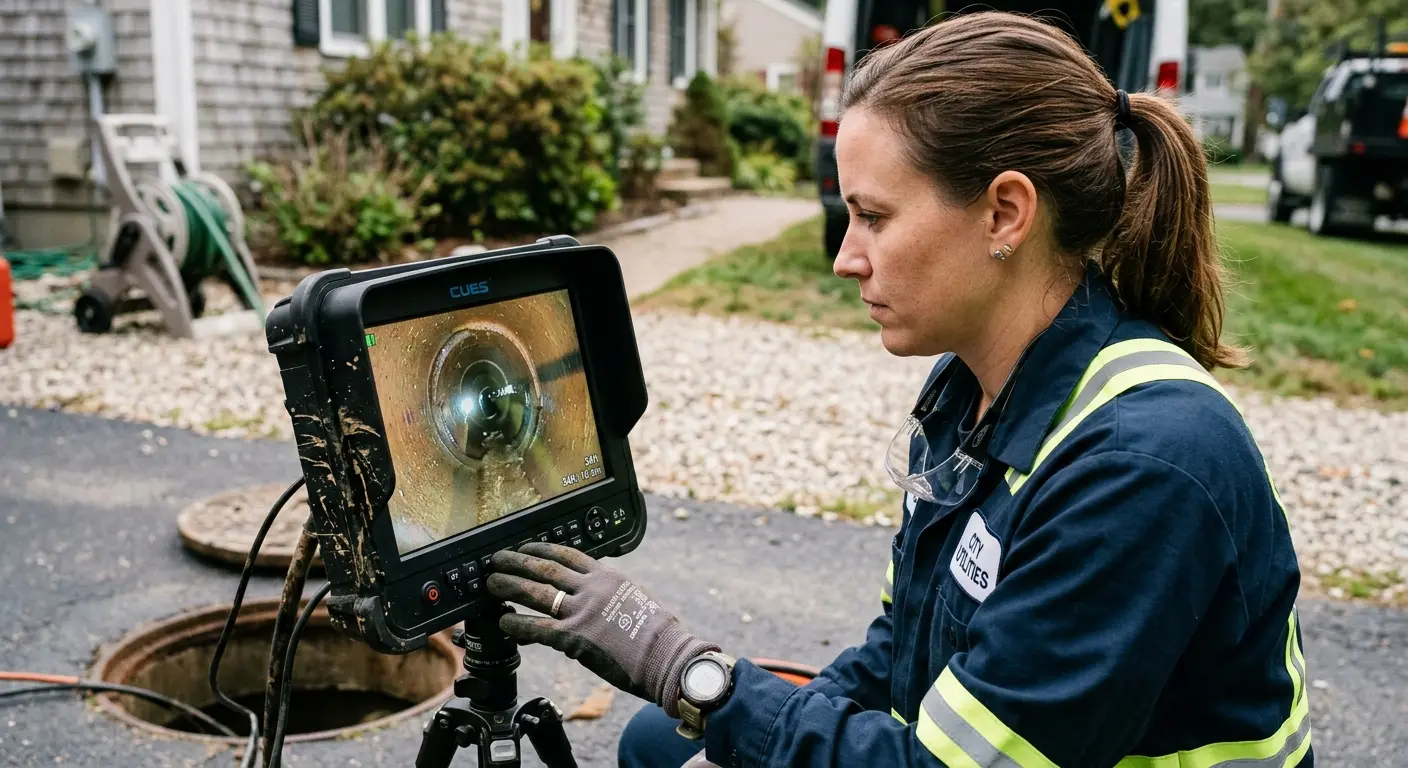 Technician reviewing sewer camera inspection footage in Seymour