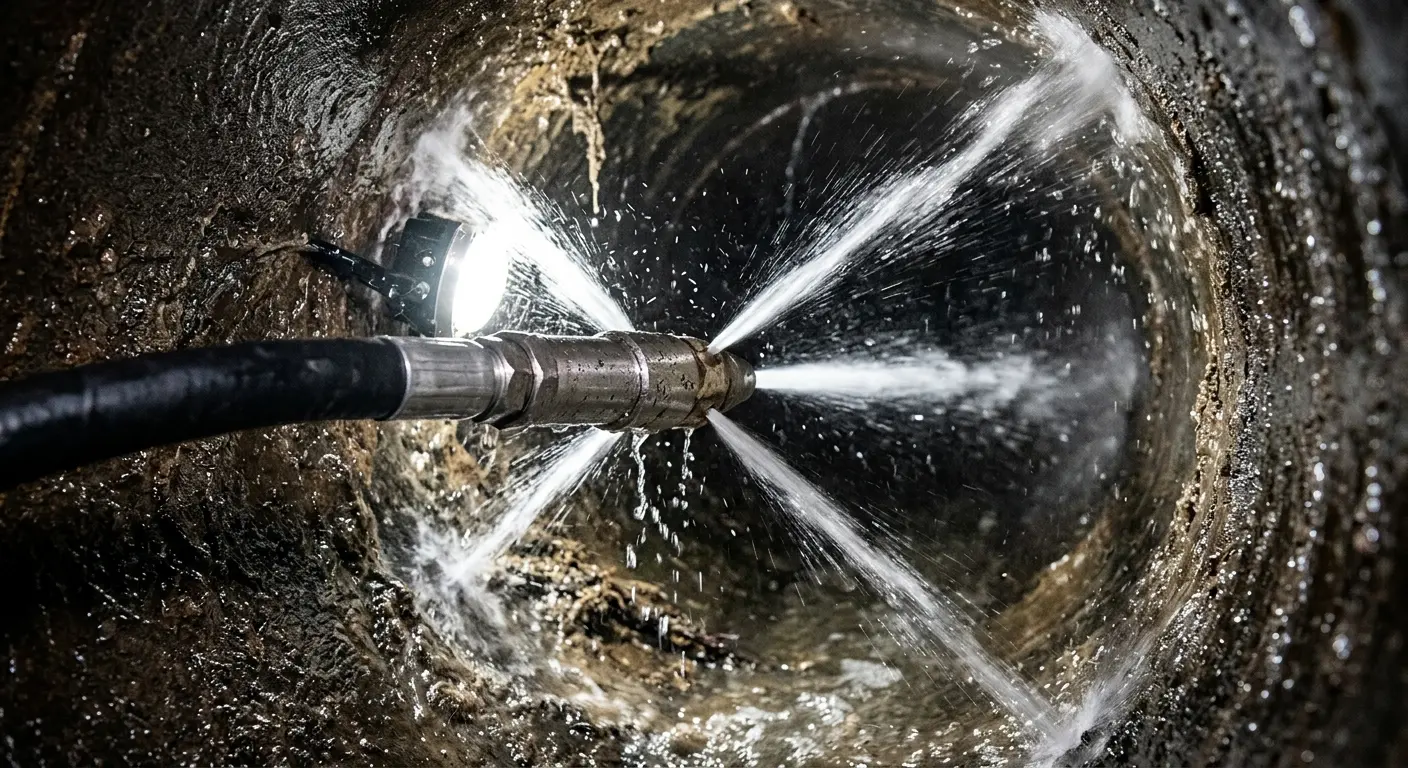 High-pressure hydro jetting nozzle cleaning sewer pipe for Sewer Line Relining in Seymour
